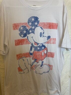 Disney White Short Sleeve Mickey Mouse Patriotic Graphic Tee - Red & Blue